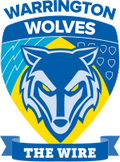 Warrington Wolves Rugby League logo featuring a wolf head design on a blue and yellow shield with the text “The Wire”.