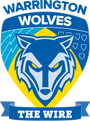 Warrington Wolves Rugby League logo featuring a wolf head design on a blue and yellow shield with the text “The Wire”.