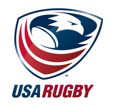 USA Rugby logo featuring a stylized eagle head and rugby ball in red, white, and blue shield design with USA Rugby text below.