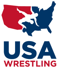 USA Wrestling logo featuring a red and blue map of the United States with two wrestlers in white and bold USA Wrestling text below.