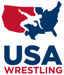 USA Wrestling logo featuring a red and blue map of the United States with two wrestlers in white and bold USA Wrestling text below.