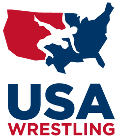 USA Wrestling logo featuring a red and blue map of the United States with two wrestlers in white and bold USA Wrestling text below.