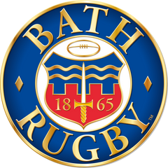 Bath Rugby club logo featuring a blue and gold circular crest with a rugby ball, castle design, sword, and the year 1865.