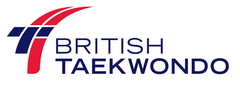 British Taekwondo logo featuring red and blue geometric shapes alongside bold text.