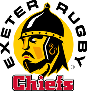 Exeter Chiefs Rugby logo featuring a stylized warrior head in a helmet with bold text.