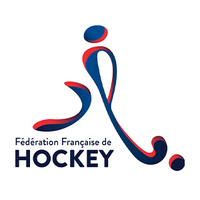 Fédération Française de Hockey logo featuring a stylized red and blue player with a hockey stick and ball.
