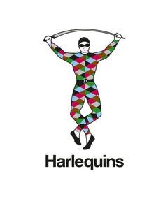 Harlequins Rugby logo featuring a multicolored diamond-patterned harlequin figure holding a staff above their head, with the word "Harlequins" written below.