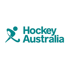 Hockey Australia logo featuring a teal stylized player with a hockey stick alongside bold text.