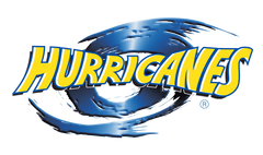 Hurricanes rugby logo with bold yellow text outlined in blue, placed over a swirling blue hurricane design.