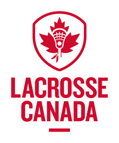 Lacrosse Canada logo featuring a red maple leaf with a lacrosse stick inside a shield above bold text.