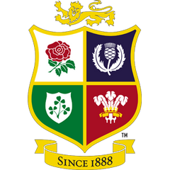British and Irish Lions Rugby logo featuring a shield with four quadrants displaying a red rose, thistle, shamrock, and three feathers, topped with a lion and banner reading “Since 1888”.