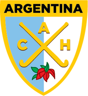 Argentina Hockey logo featuring a yellow and blue shield with crossed hockey sticks, initials CAH, and a red flower beneath.