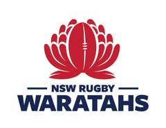 NSW Waratahs rugby logo featuring a red waratah flower shaped like a rugby ball above the words "NSW Rugby Waratahs" in bold blue lettering.