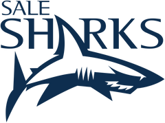 Sale Sharks Rugby logo featuring a stylized blue shark design with bold text.