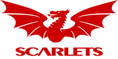 Scarlets Rugby logo featuring a bold red dragon with outstretched wings above the word "Scarlets" in red capital letters.