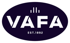 VAFA logo featuring bold white text on a dark oval background with “Est. 1892” beneath.