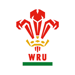 Welsh Rugby Union (WRU) logo featuring a red and gold stylized feather design with WRU text beneath.