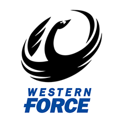 Western Force Rugby logo featuring a stylized black swan design above bold blue text.