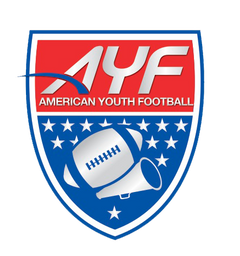 American Youth Football (AYF) logo featuring bold red and silver text above a blue shield with stars, football, and megaphone design.