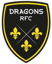 Dragons RFC rugby logo featuring a black and yellow shield with three fleur-de-lis symbols and bold text.