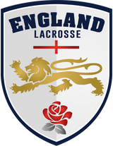 England Lacrosse logo featuring a golden lion, red cross, and red rose on a shield design.