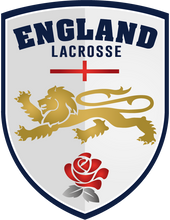 England Lacrosse logo featuring a golden lion, red cross, and red rose on a shield design.