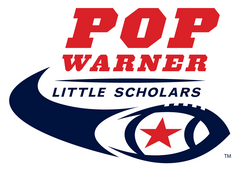 Pop Warner Little Scholars logo featuring bold red text with a blue football design and star.