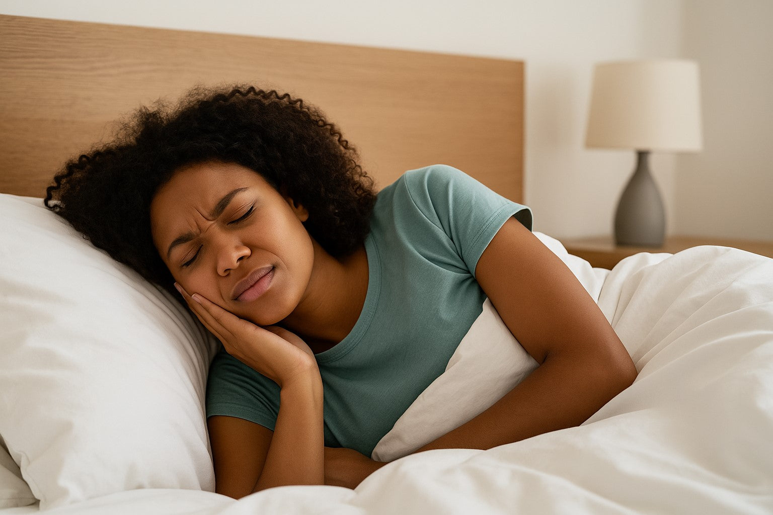 Woman sleeping peacefully in bed, illustrating restful sleep for an article on night guards for teeth grinding