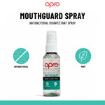 Opro mouthguard spray bottle with branding and product details on a white background