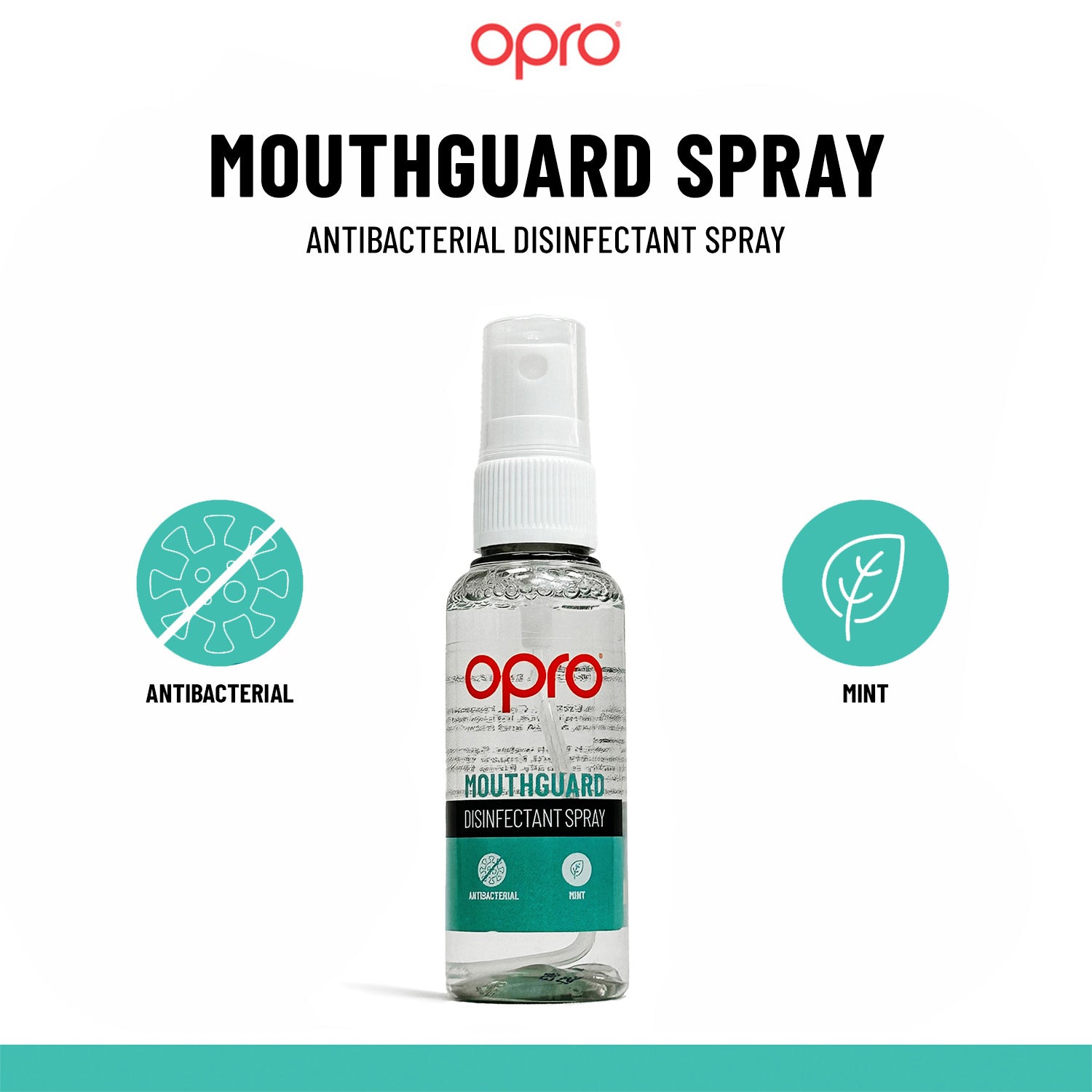 Opro mouthguard spray bottle with branding and product details on a white background