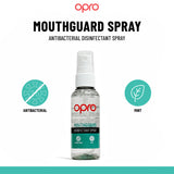 Opro mouthguard spray bottle with branding and product details on a white background