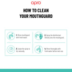 Instructions on how to clean a mouthguard with Opro branding.