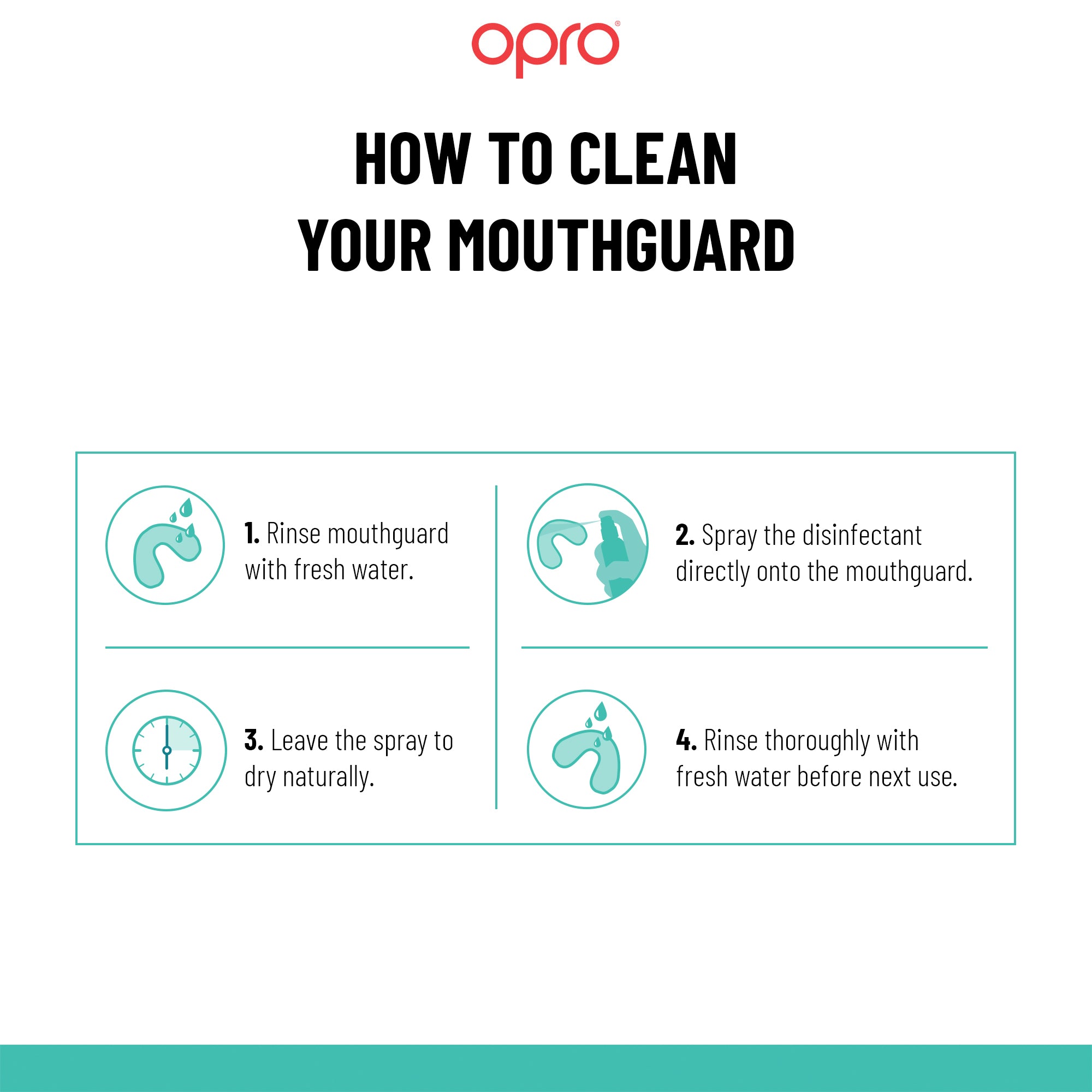 Instructions on how to clean a mouthguard with Opro branding.
