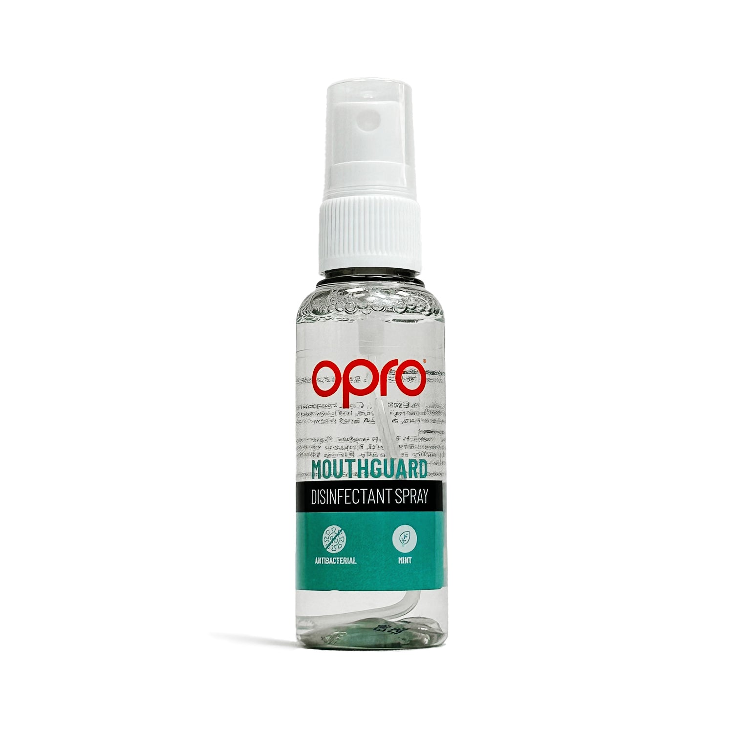 Opro mouthguard disinfectant spray bottle on a white background