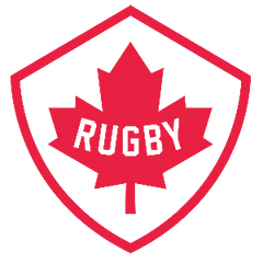 Rugby Canada logo featuring a red maple leaf with the word “Rugby” inside a red shield outline.