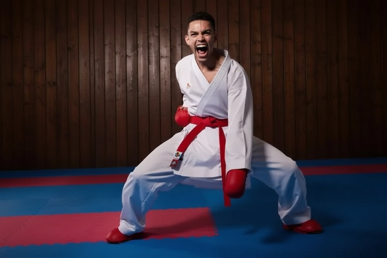 Karate athlete in a white gi with a red belt and gloves performing a powerful stance and shout on a dojo mat.