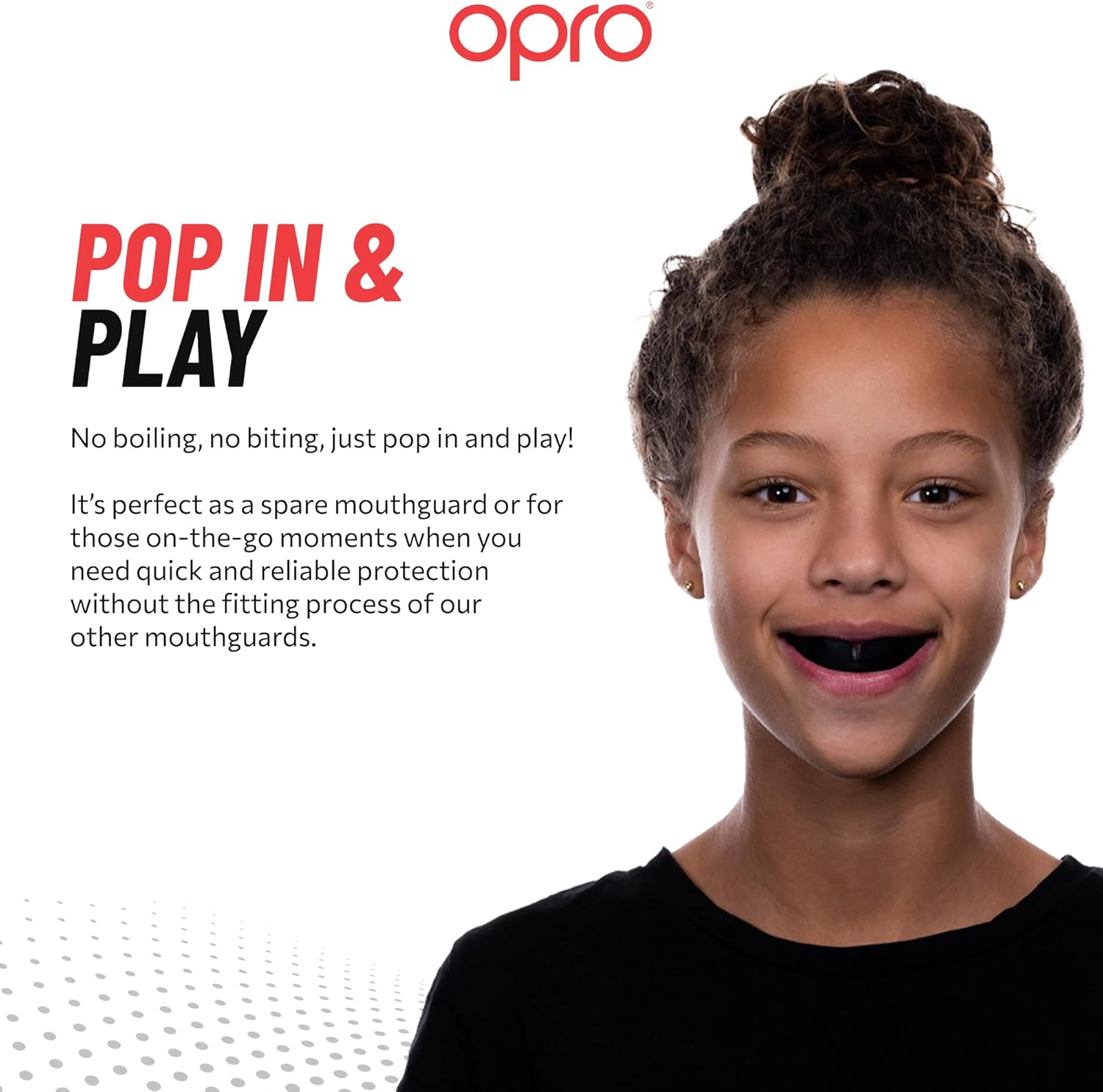 Advertisement for Opro mouthguard with a child wearing it, featuring text about the product.