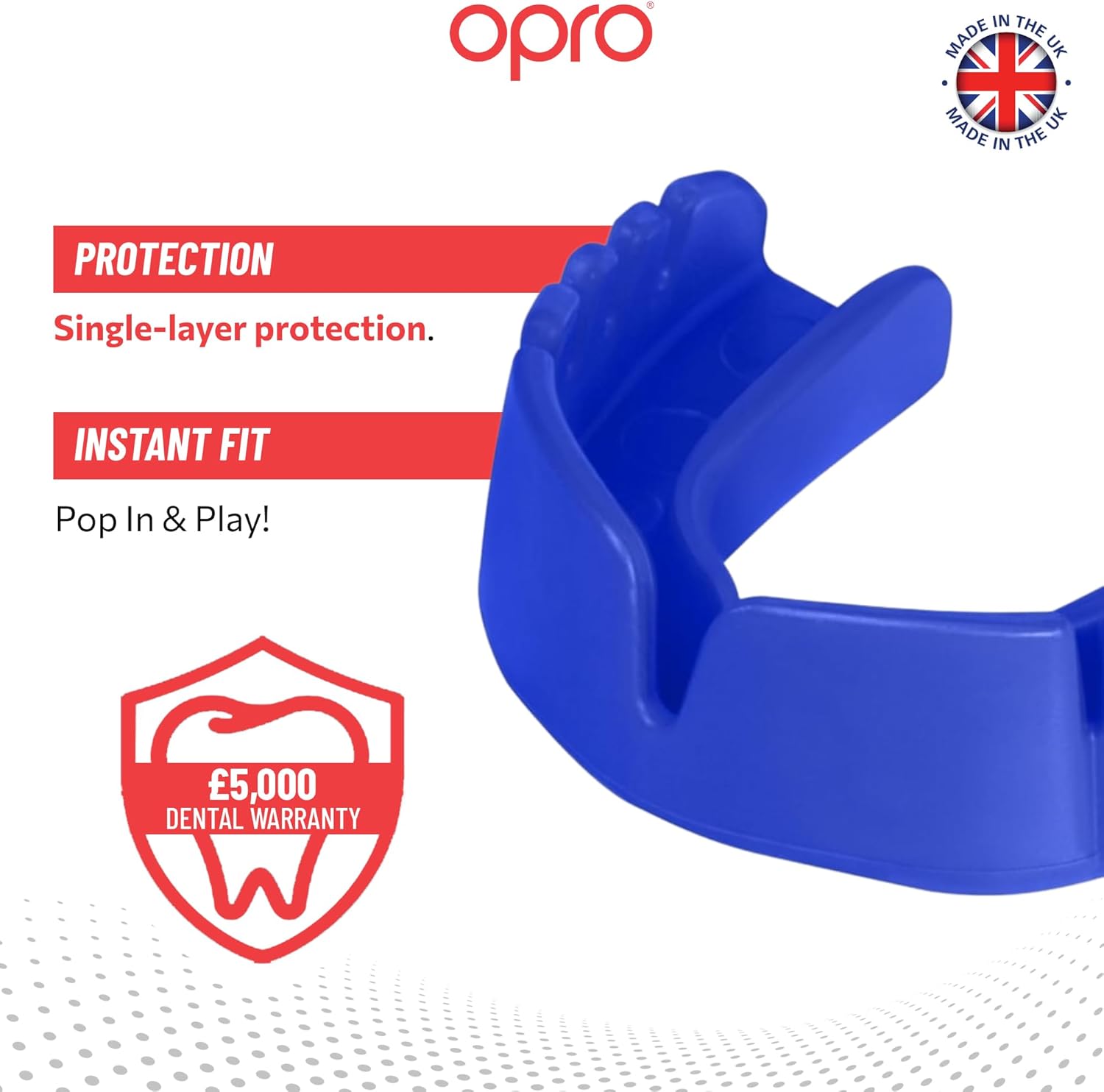 Blue mouthguard with Opro branding and product features on a white background