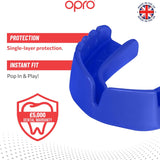 Blue mouthguard with Opro branding and product features on a white background