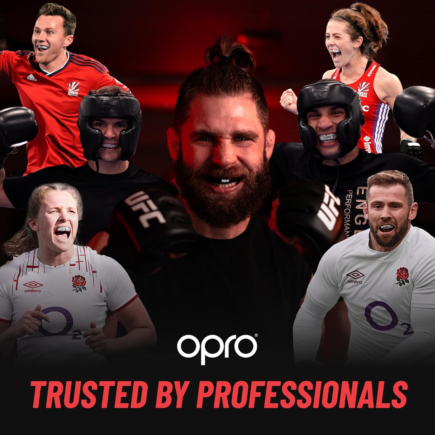 Collage of people wearing boxing gear with Opro branding and text 'Trusted by Professionals'.