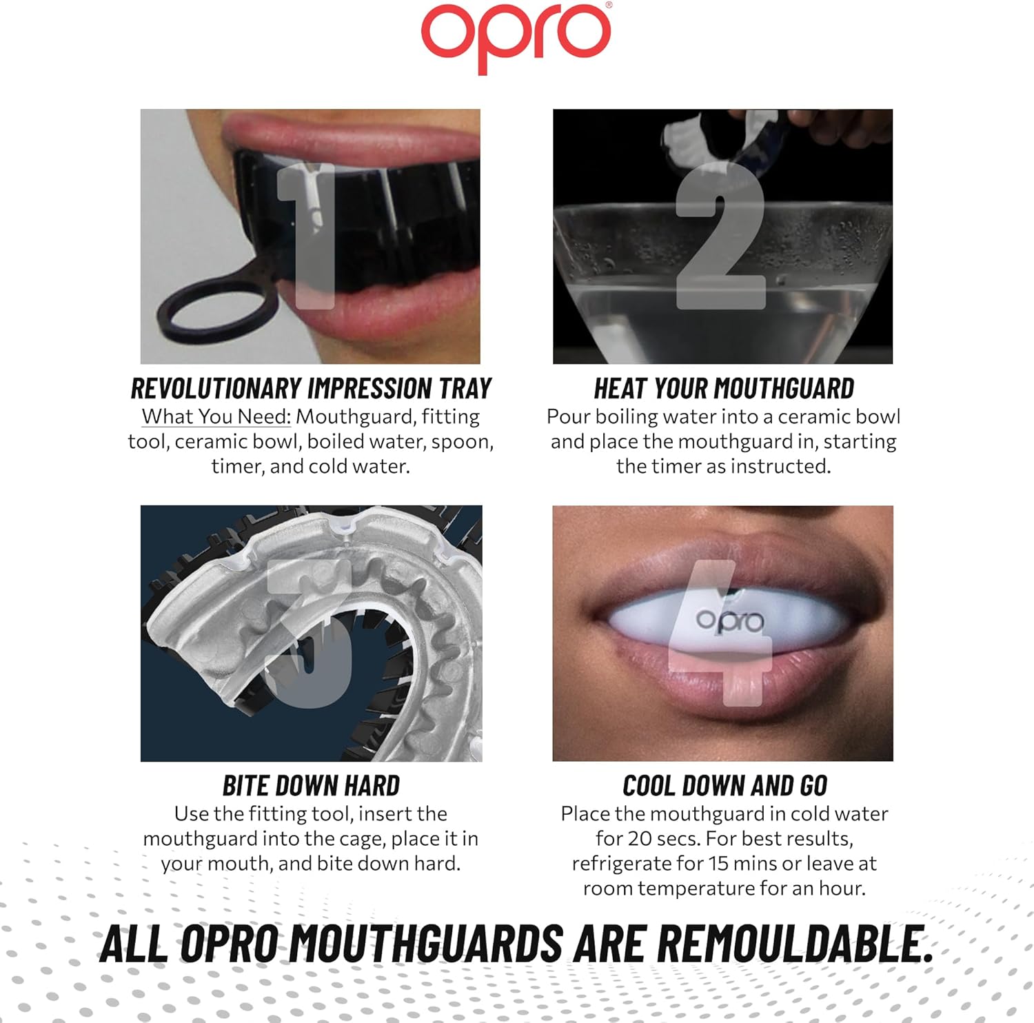 Instructions for using Opro mouthguards with images and text on a white background