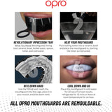 Instructions for using Opro mouthguards with images and text on a white background