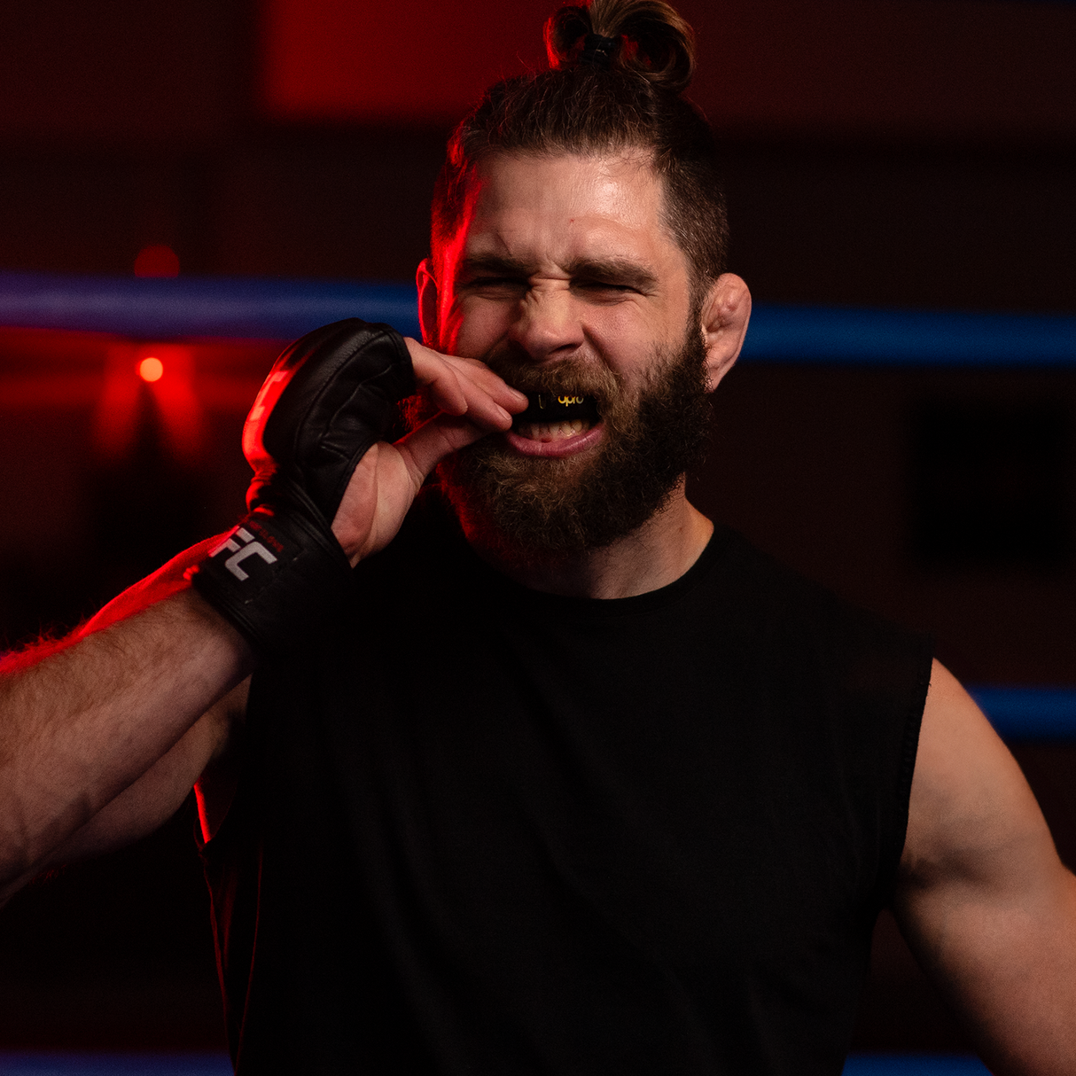 UFC fighter Jiří Procházka wearing the OPRO gold black gold mouthguard.
