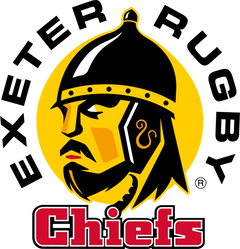 Exeter Chiefs Rugby logo featuring a stylized warrior head in a helmet with bold text.