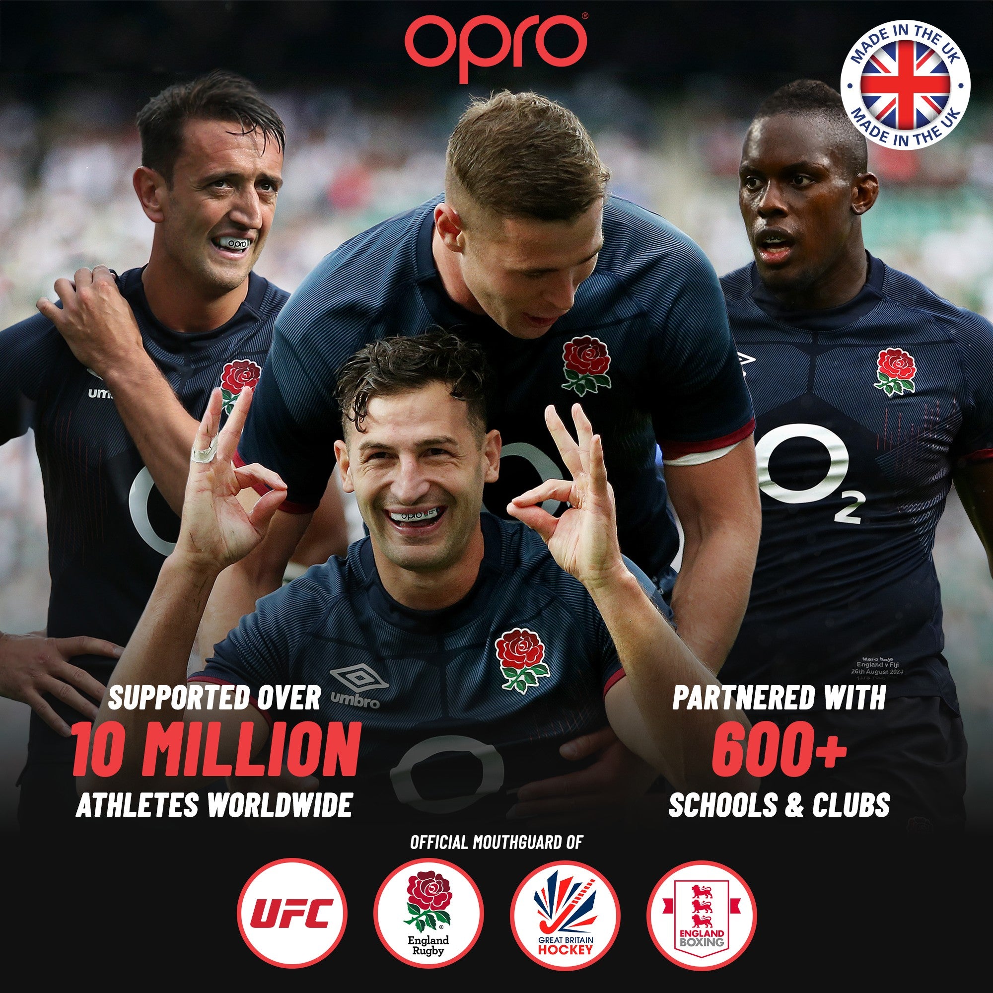 OPRO graphic: England Rugby players celebrating, claims of 10 million athletes and 600+ schools and clubs, with UFC, Rugby, Hockey and Boxing logos
