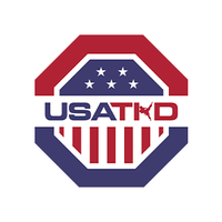 USA Taekwondo logo featuring a red, white, and blue octagon design with stars, stripes, and bold text.