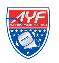 American Youth Football (AYF) logo featuring bold red and silver text above a blue shield with stars, football, and megaphone design.