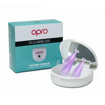 A UV cleaning case for mouthguards, open with UV lights active, alongside its packaging box which has 'OPRO' branding.