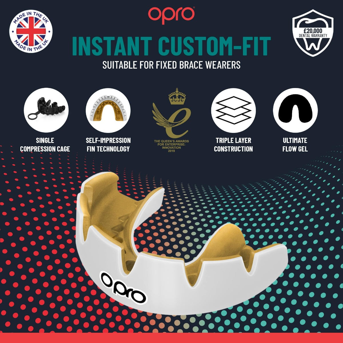 Instant Custom-Fit 3 Stripe Dark Blue/White Mouthguard for Braces
