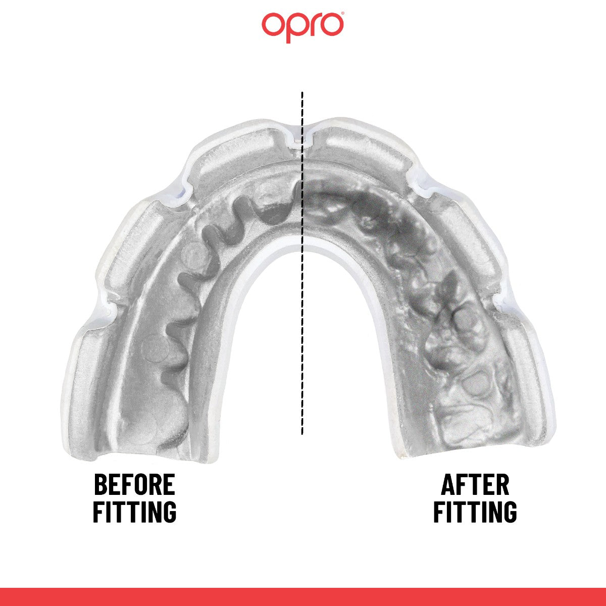OPRO Instant Custom-Fit mouthguard for braces, before and after fitting, white interior: uncompressed versus moulded to the teeth
